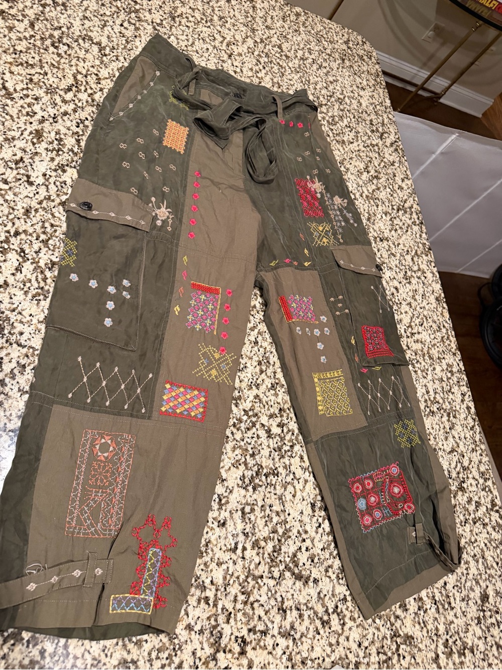 Johnny Was Olive Patchwork Embroidered Cargo Pants